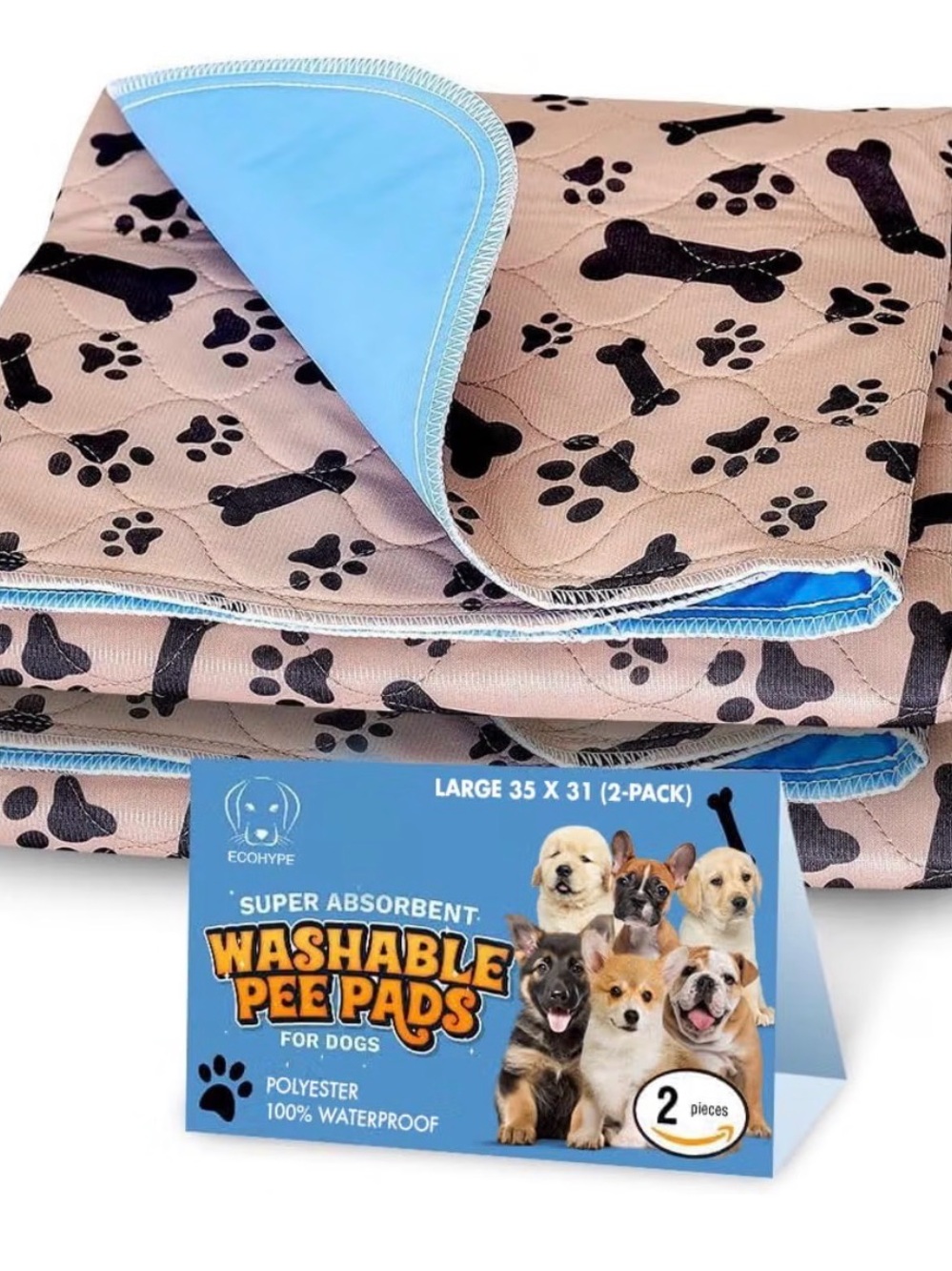 Hype Washable Dog Pee Pads in Tan and Blue - 2 Pack